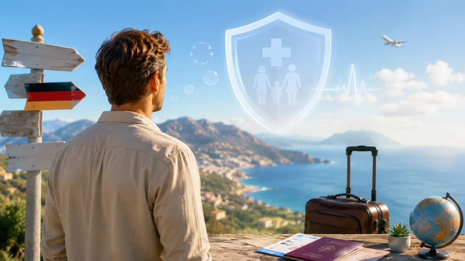 Auswanderer mit Blick aufs Meer und Symbol für internationale Krankenversicherung
