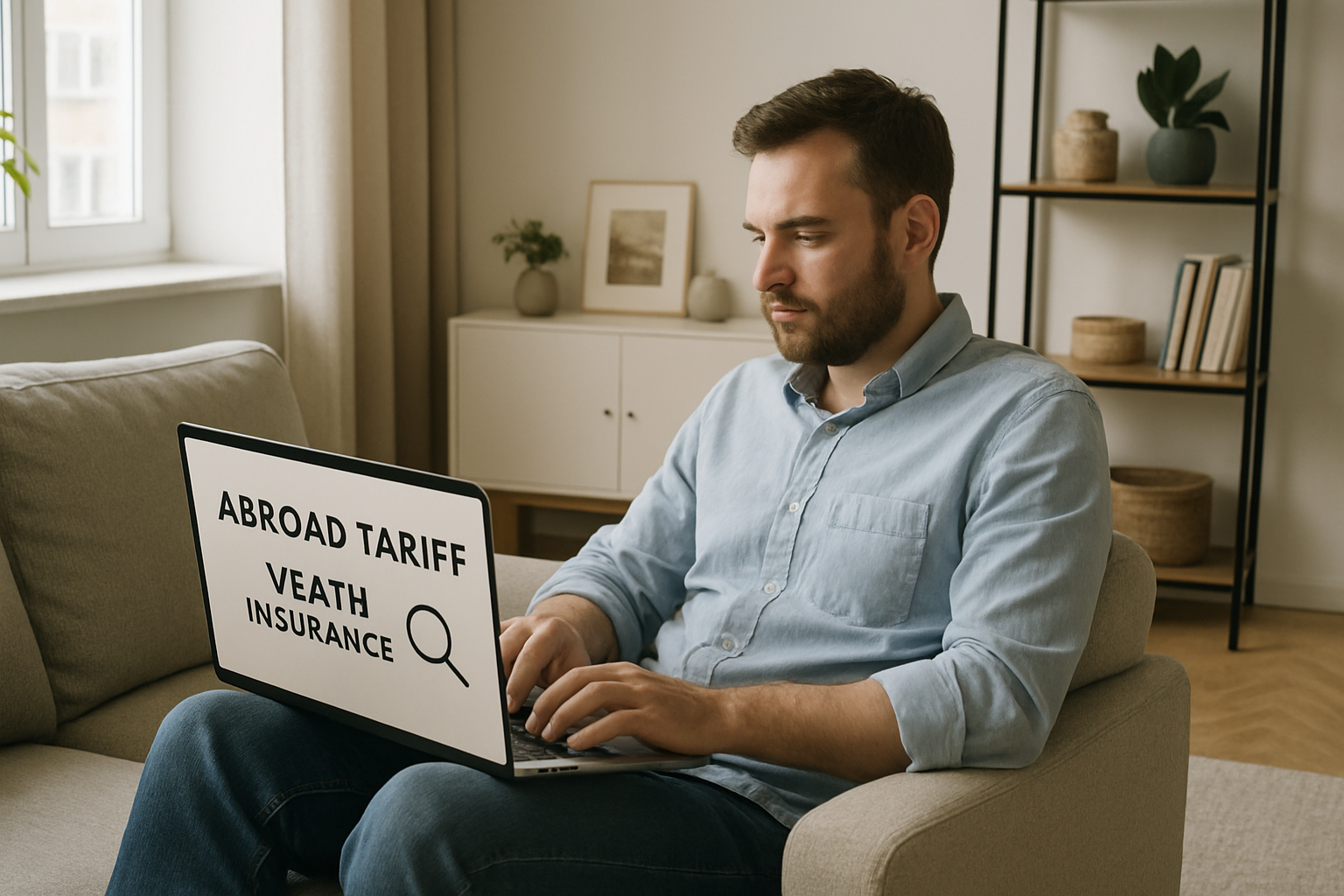 Ein Expat, der entspannt in einem modernen deutschen Wohnzimmer sitzt und auf seinem Laptop Informationen zur Auslandstarif-Krankenversicherung recherchiert