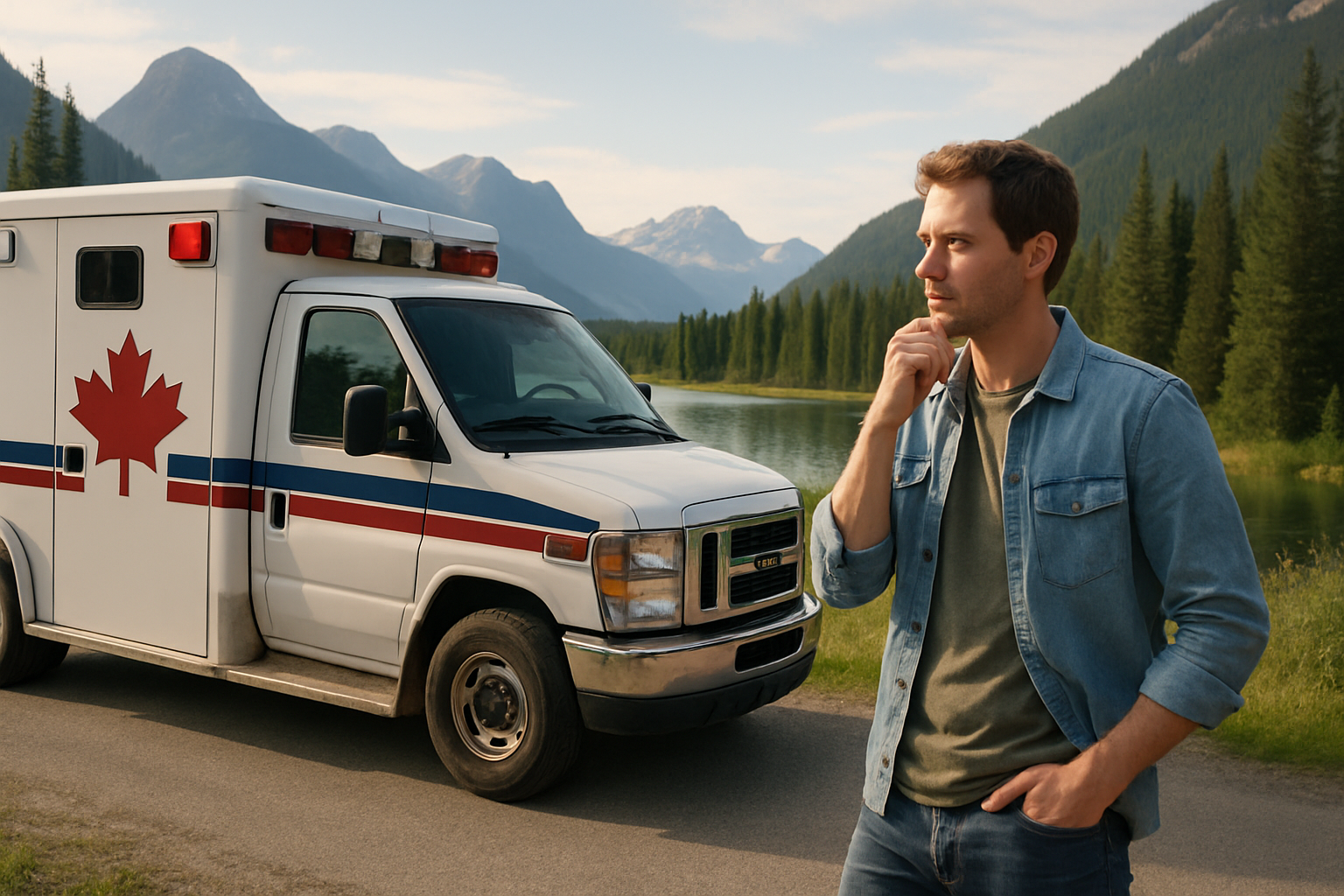 Kanadische Landschaft mit einem Krankenwagen und einem Auswanderer im Vordergrund