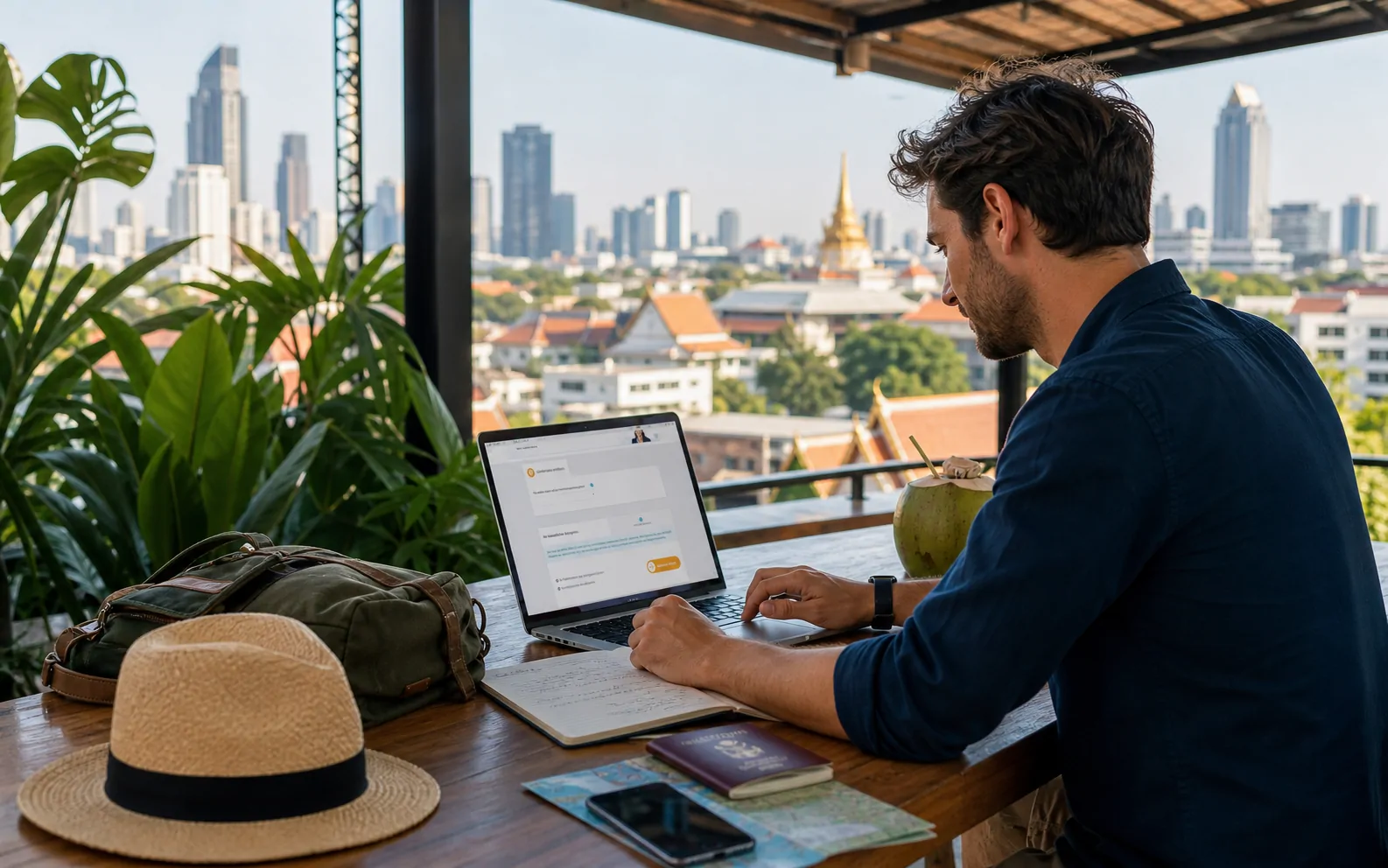 Expat in Thailand prueft Versicherungsschutz in einem urbanen tropischen Arbeitsumfeld