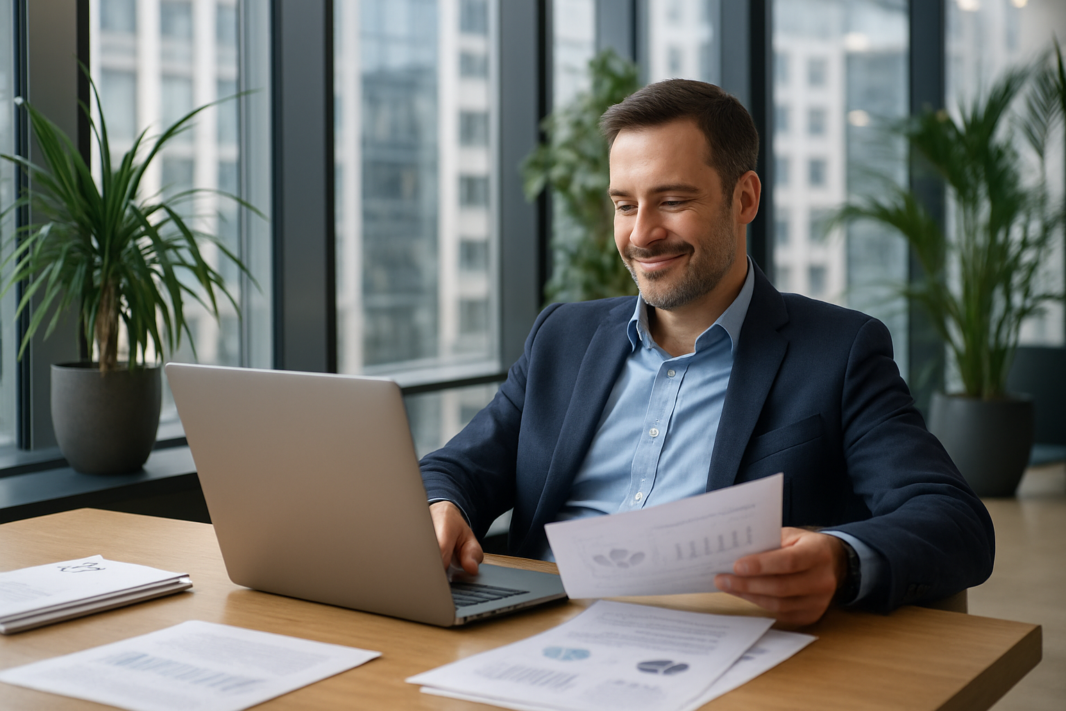 Selbstständiger im Ausland arbeitet entspannt mit Laptop und Dokumenten