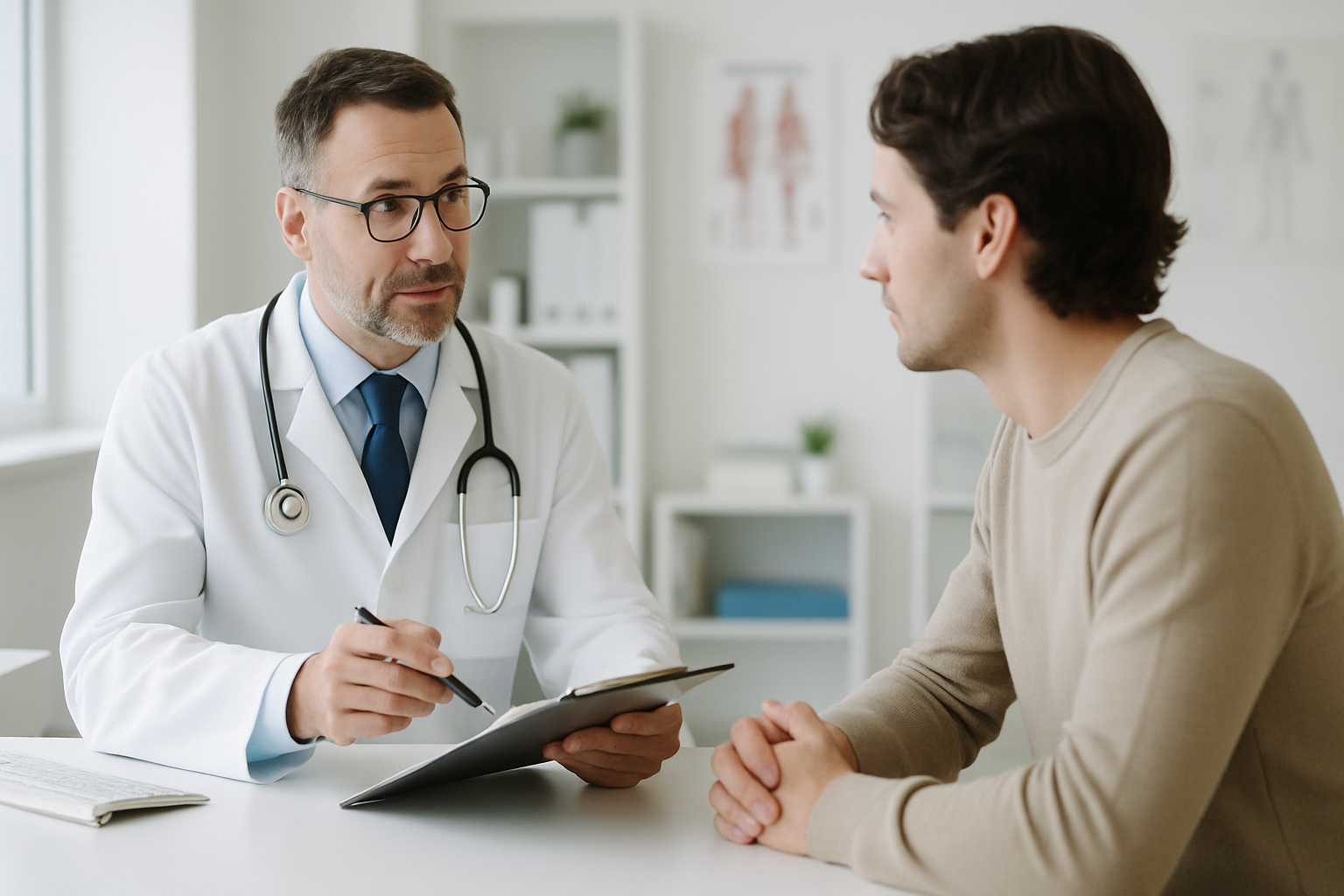Nahaufnahme eines Arztes, der in einem modernen Behandlungsraum einen Termin mit einem Patienten erklärt
