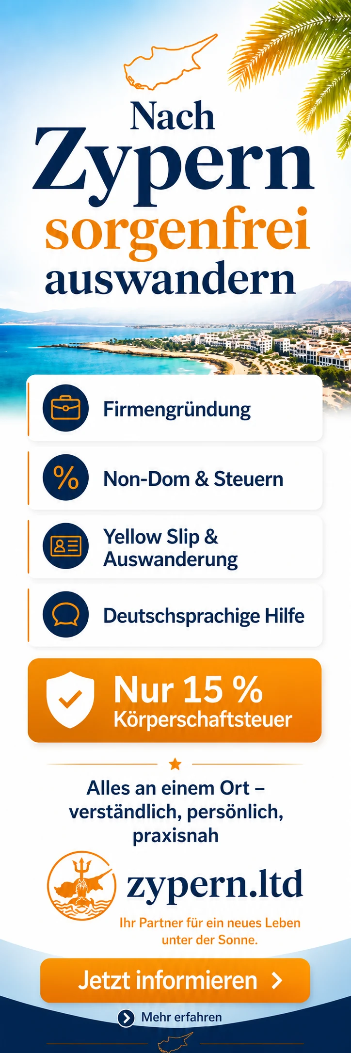 Zypern auswandern mit deutschsprachiger Hilfe zu Firmengründung, Non-Dom, Steuern, Yellow Slip und Auswanderung